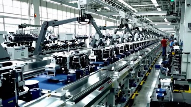 engine manufacturing facility modern robotic assembly line or precision engine production or industrial automation