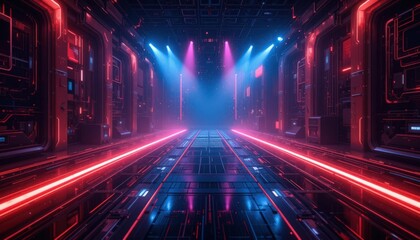 Obraz premium A stunning corridor illuminated with neon lights, where pink and blue hues create an otherworldly atmosphere. The sleek designs reflect a captivating digital realm, inviting exploration