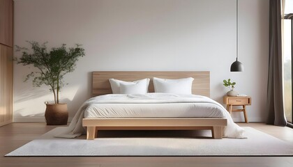Bright and airy bedroom interior with a wooden bed, large windows, and modern decor