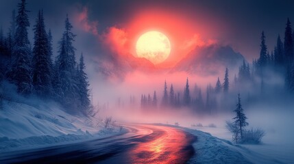 Enchanted Winter Road: A Magical Moonlight Journey Through Snowy Mountains