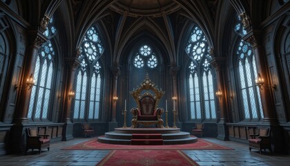 Obraz premium A grand throneroom showcases its opulent throne seated atop a red carpet. Lavish dark wood furnishings complement the beautiful stained glass windows filtering in soft light