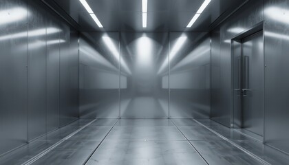 A modern elevator space features polished metal walls reflecting bright, parallel lights above, creating an intriguing and somewhat eerie atmosphere as it descends