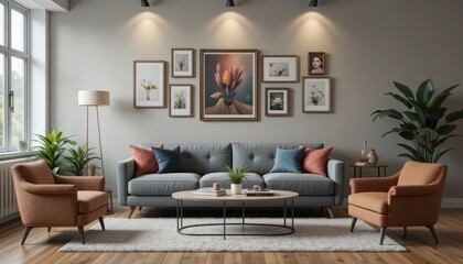 A beautifully arranged living room features a comfortable gray sofa paired with warm-toned armchairs, vibrant artwork on the walls, and lush greenery enhancing the serene ambiance