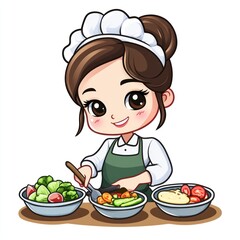 Cartoon woman in a green apron mixes ingredients in bowls on a table, for cooking