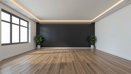 Obraz premium A spacious room features sleek wooden floors and a striking contrast between a dark accent wall and bright white walls