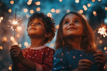 Obraz premium Two children marvel at sparkling fireworks under a magical night sky, filled with warm lights.