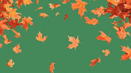Scattered autumn maple leaves in vibrant orange tones against a green background, symbolizing seasonal beauty and contrast. Perfect for nature, decoration, and artistic design themes.