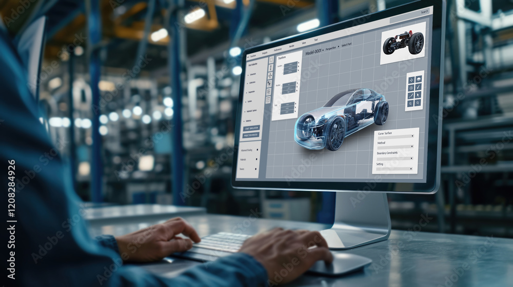 Poster electric car design software on computer screen showing simulation blueprint brisk by digital calcul