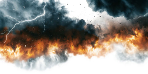 black storm clouds with lightnings and smoke isolated on white background PNG.AI GENERATED