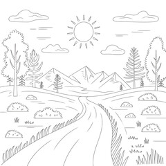 Naklejka premium a line art illustration nature and Mountain coloring page 