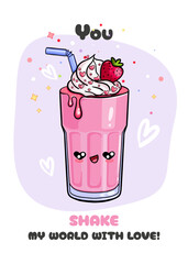 Cute card with hand drawn milkshake characters and funny inscription. Vector template for Valentine's Day celebration, print, poster