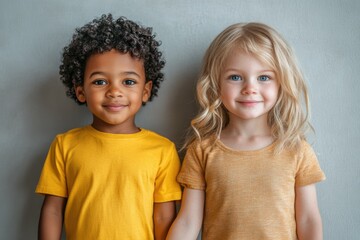 Two adorable toddlers, a boy and a girl, stand side by side, smiling warmly at the camera.
