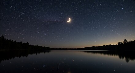 Fototapeta premium Serene tranquil dark night sky with a bright crescent moon and countless stars reflected perfectly in calm lake water, concept for nature photography, peaceful meditation and environmental awareness