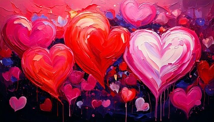 Playful heart-shaped patterns in red, white, and pink, accented with small flower elements and light brushstroke effects.
