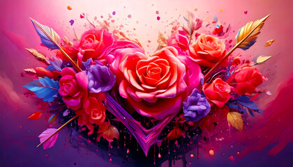 Soft pastel pink background with delicate love symbols, including intertwined hearts, arrows, and roses.