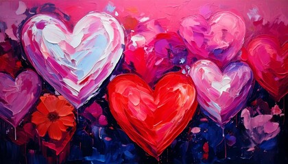 Heart-shaped motifs in red, white, and pink, enhanced with tiny flowers and delicate brushstroke textures.