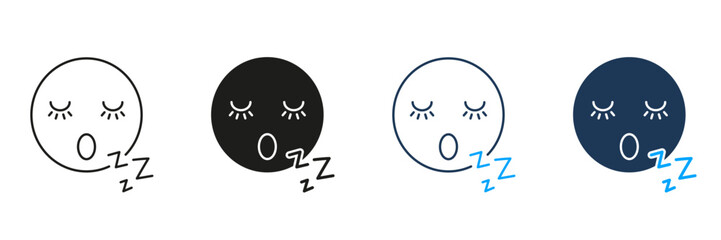 Sleeping Face with Eyelashes and ZZZ Line and Silhouette Icon Set. Peaceful Rest and Sleep Outline Symbol. Editable Stroke. Isolated Vector Illustration