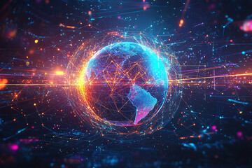 Obraz premium Futuristic Global Network with Digital Connections and Glowing Data Points in a Tech-Inspired Abstract Earth Design