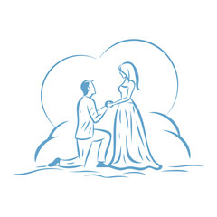 A couple in line art, where one partner is kneeling to propose.