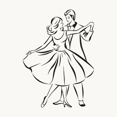 A couple mid-dance, with the woman’s dress twirling gracefully