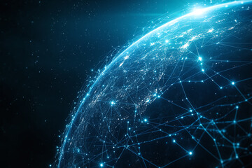 Global Network Map with Illuminated Digital Connections Highlighting International Communication, Cyber Technology, and Futuristic Data Visualization
