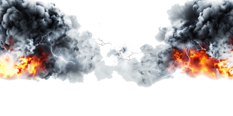 Black smoke storm clouds with fire and lightnings isolated on white background PNG.AI GENERATED