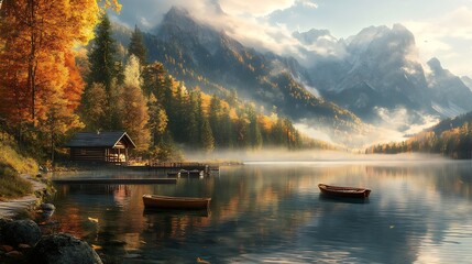 Peaceful Lake View with Wooden Cabins and Autumn Forest Under Mountain Peaks | Scenic Retreat : Generative AI