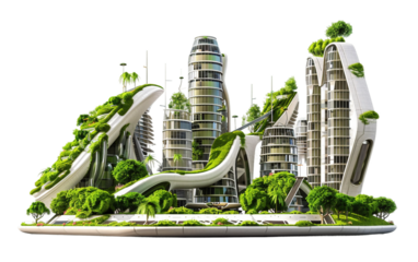 A Futuristic City Featuring Vertical Gardens and Eco-Friendly Design Isolated on transparent background PNG
