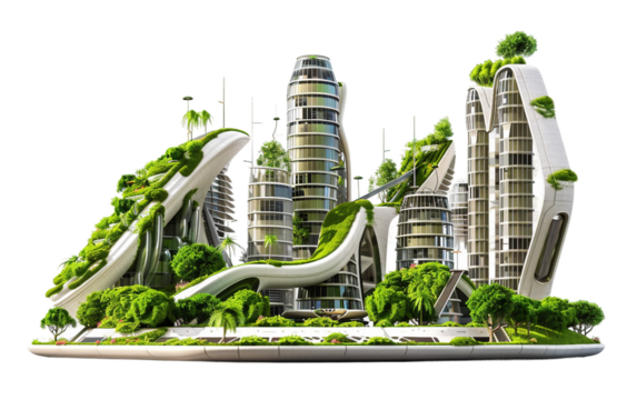 A Futuristic City Featuring Vertical Gardens and Eco-Friendly Design Isolated on transparent background PNG