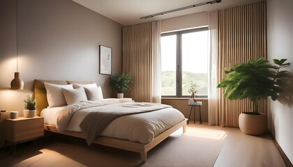 Contemporary bedroom interior with wooden bed, warm tones, and stylish greenery