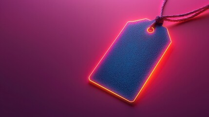 Blank price tag with neon glow, isolated on pink background.
