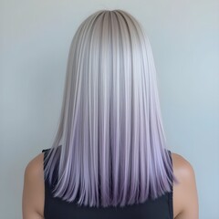 Woman hair color with Platinum blonde hair with cool purple undertones, styled in sleek, straight hair