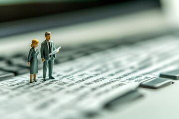 Miniature business figures reviewing a document, symbolizing financial analysis or planning.