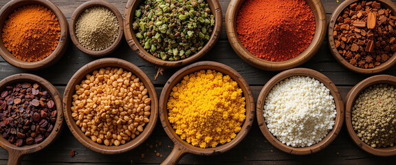 flat lay background cover banner image of various spices in wooden bowls on a wooden table with copy space 