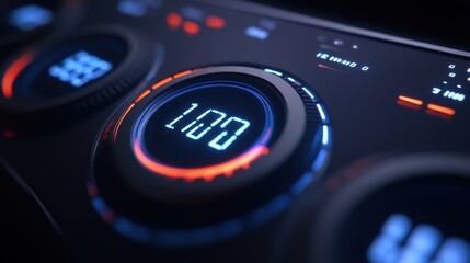 Close up view of a futuristic digital control panel displaying the number 120, illuminated by blue and orange lights, suggesting advanced technology and precision
