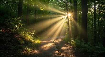 Obraz premium Sunlight rays through misty forest trees. Morning path. Green leaves.