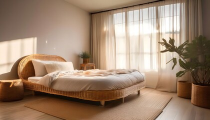 Natural-themed bedroom with a wicker bedframe, soft textiles, and potted plants