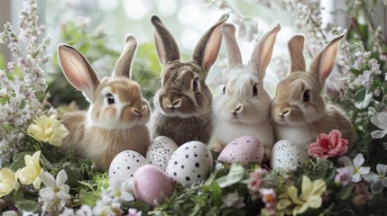 Four adorable baby bunnies surrounded by easter eggs and spring flowers