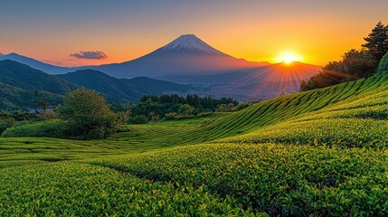Fototapeta premium Mount Fuji Sunrise Over Tea Plantation