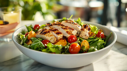Grilled chicken salad with tomatoes, lettuce, and dressing, fresh meal
