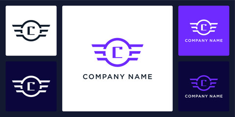 C letter logo and icon with circle and wings, vector template