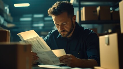 Warehouse worker reviewing invoices and paperwork, managing logistics and inventory control within a storage facility, ensuring efficient operations and order fulfillment