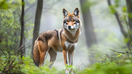 Obraz premium A Majestic Red Wolf Standing in a Mysterious Misty Forest Clearing Surrounded by Nature's Tranquility