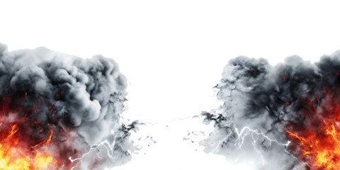 Black smoke storm clouds with fire and lightnings isolated on white background PNG.AI GENERATED