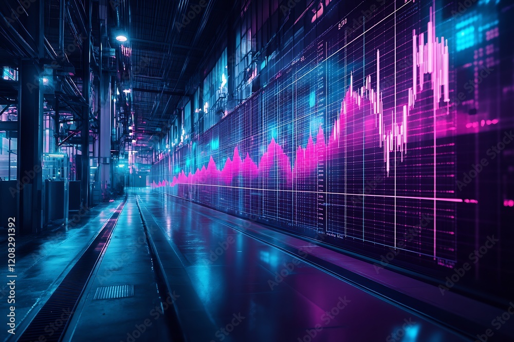 Poster digital financial market graph in industrial setting with neon glow : generative ai