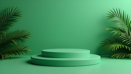 Green pedestal with palm leaves on a vibrant background for product showcase