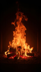 Naklejka premium Dancing flames of a fire with glowing logs in a dark setting for cozy atmosphere