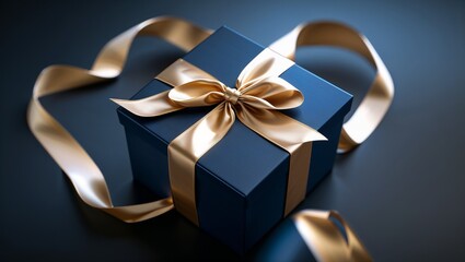 Dark blue gift box with gold satin ribbon on dark background. Top view of birthday gift with copy space