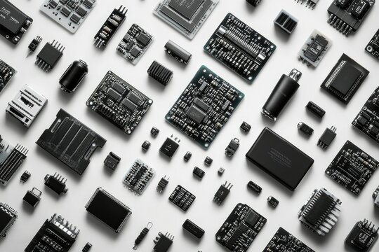 A collection of black electronic components and circuit boards arranged on a white background.