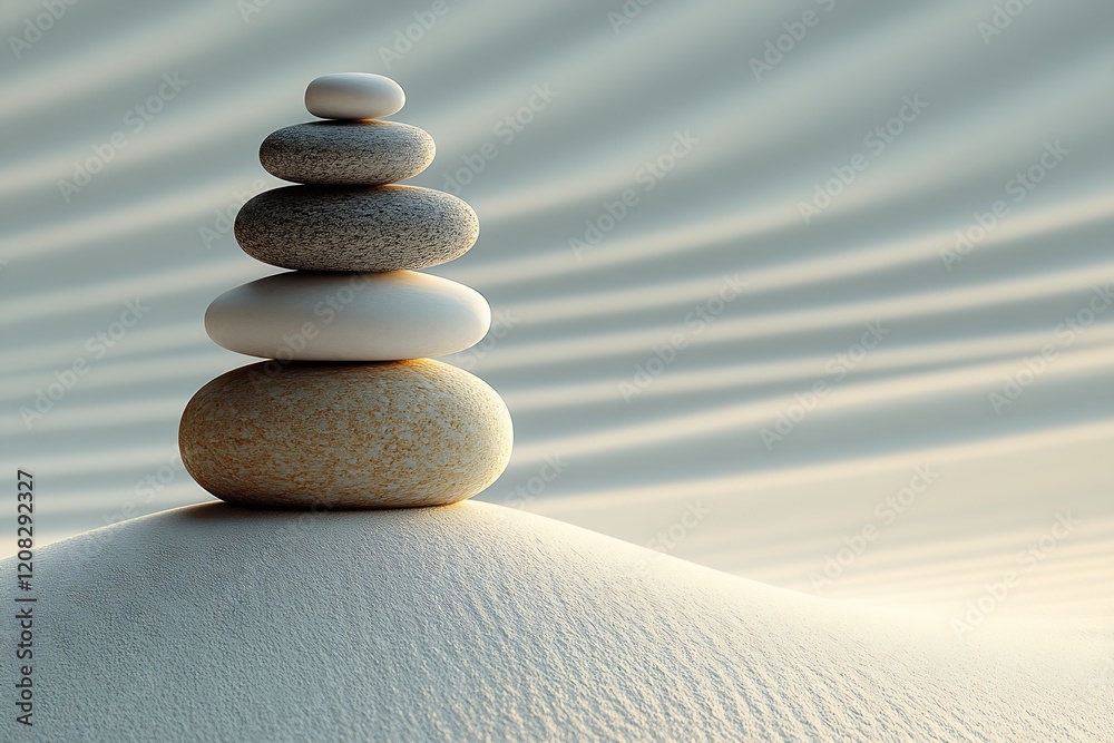 Poster perfectly balanced stone stack on rippled sand dune background : generative ai